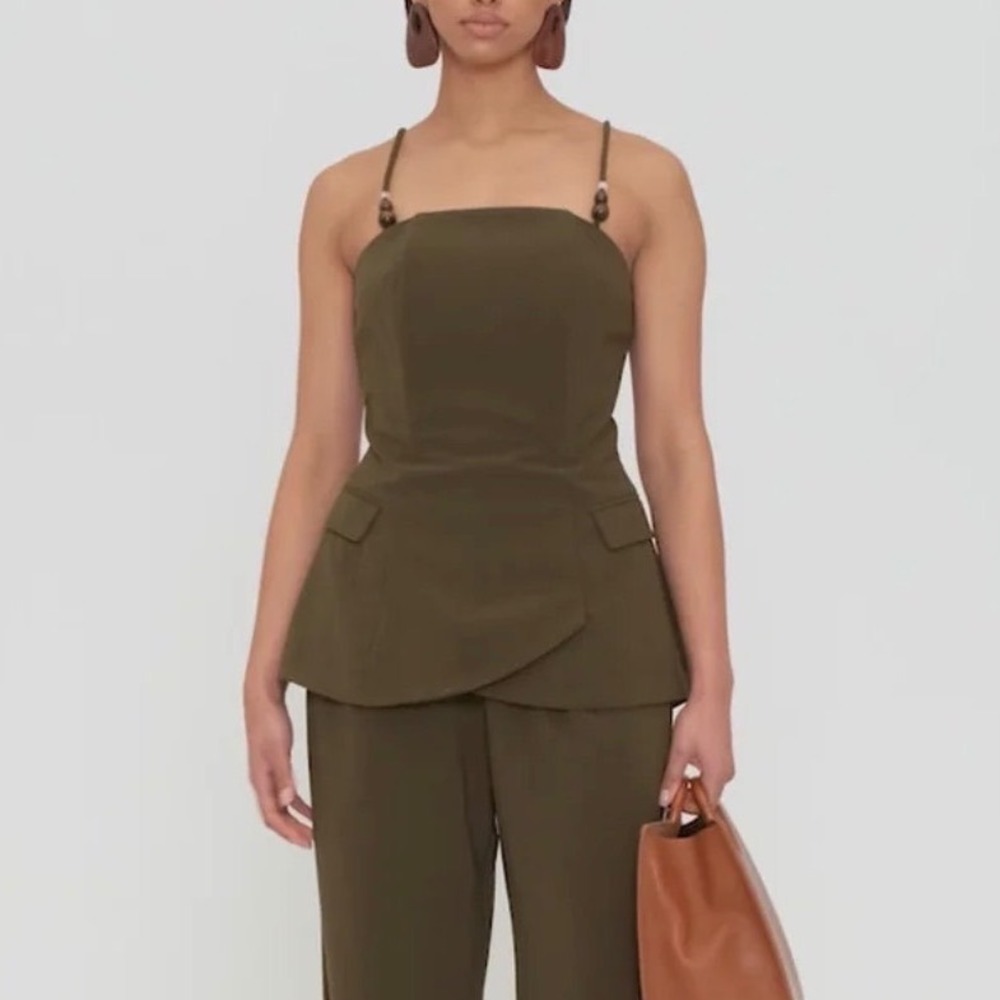 Andrea Iyamah Women's Olive Green Varu Top Beaded Strap Vest Peplum Size M